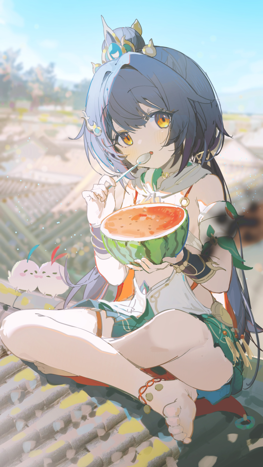 1girl absurdres bare_shoulders barefoot blue_hair chinese_clothes coria detached_sleeves food fruit highres holding holding_food holding_fruit holding_spoon honkai:_star_rail honkai_(series) long_hair looking_at_viewer outdoors parted_lips sitting solo spoon toes watermelon yellow_eyes yunli_(honkai:_star_rail)