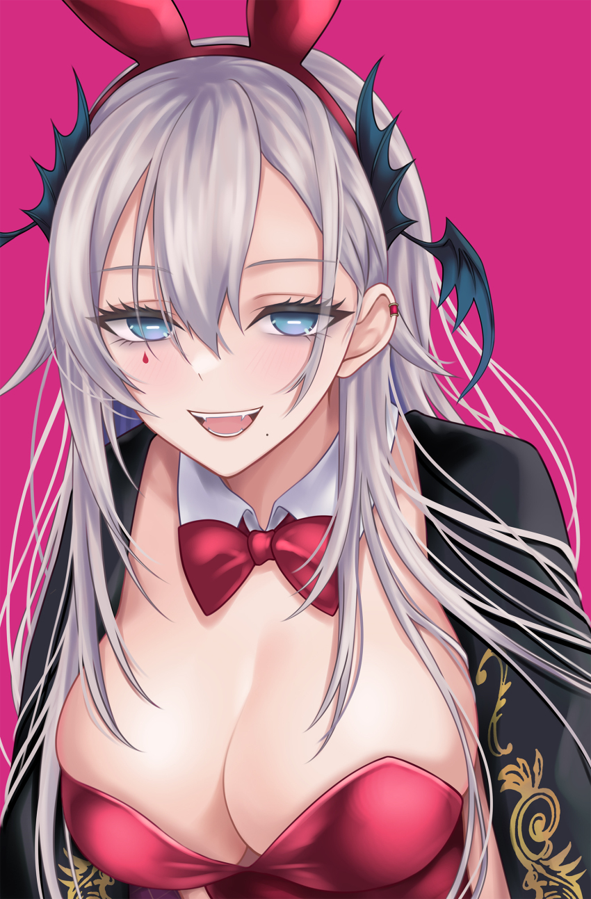 1girl absurdres animal_ears blue_eyes bow bowtie breasts bright_pupils cleavage collar commentary detached_collar ear_ornament english_commentary fake_animal_ears grey_hair head_wings highres horizontal_pupils indie_virtual_youtuber large_breasts leotard m_(1n910) mole mole_under_mouth open_mouth pink_background pink_bow pink_bowtie pink_leotard playboy_bunny pochimaru_(vtuber) rabbit_ears solo teardrop_facial_mark upper_body virtual_youtuber white_collar white_pupils wings