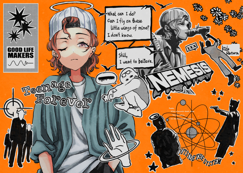&lt;o&gt;_&lt;o&gt; 1girl absurdres aiming alternate_costume atom backwards_hat baseball_cap bird blue_jacket brown_hair censored censored_text closed_mouth collage cropped_legs cropped_torso demon_horns disembodied_hand english_text expressionless eyewear_on_head faceless faceless_male fashion flower_symbol frown guitar gun halo hand_in_pocket handgun hat highres higuchi_madoka holding holding_guitar holding_gun holding_instrument holding_weapon horns idolmaster idolmaster_shiny_colors instrument isana_(isana9075) jacket looking_at_viewer loose_hair_strand medium_hair microphone_stand mole mole_under_eye multiple_views nike_(company) one_eye_closed open_clothes open_jacket open_mouth orange_background partially_colored pinstripe_hat shirt shoes signing simple_background sleeves_rolled_up sneakers speech_bubble squatting star_(symbol) weapon white_hat white_shirt