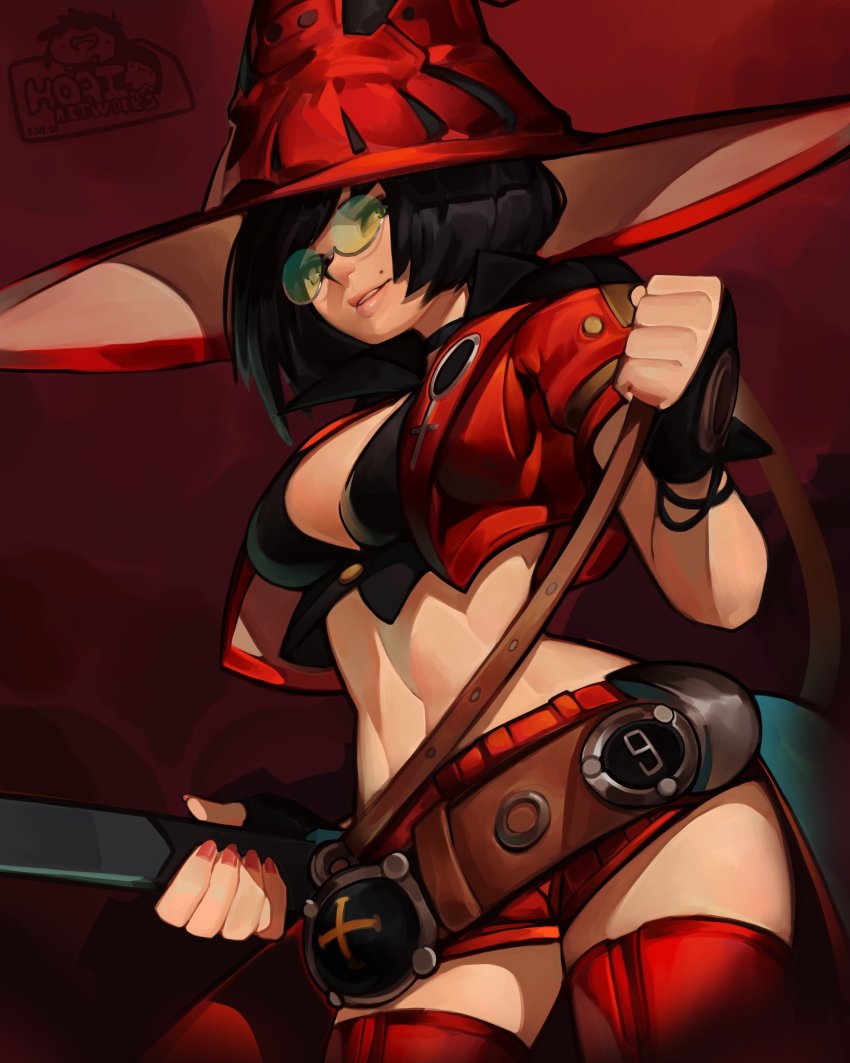 1girl belt belt_buckle bespectacled black_choker black_hair boots breasts buckle choker cleavage cropped_jacket electric_guitar glasses green-tinted_eyewear guilty_gear guilty_gear_strive guitar hat highres hoai_vu holding holding_instrument i-no instrument jacket large_breasts lips looking_to_the_side loose_belt mole mole_above_mouth navel red_boots red_hat red_jacket red_shorts rimless_eyewear short_hair shorts showgirl_skirt sideboob signature solo sunglasses thigh_boots thighhighs tinted_eyewear witch_hat