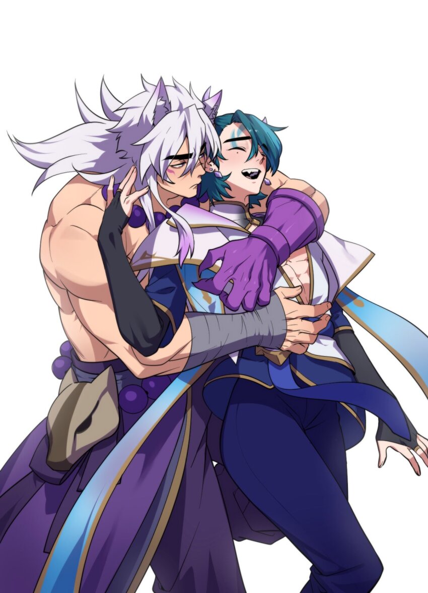 2boys animal_ear_fluff animal_ears aphelios arm_up arms_around_neck bandaged_arm bandages black_bridal_gauntlets blue_pants blue_scarf bridal_gauntlets closed_eyes commentary_request couple earrings feet_out_of_frame gaeha_is gloves green_hair hair_between_eyes highres jacket jewelry korean_commentary lapels league_of_legends long_hair male_focus multiple_boys muscular muscular_male open_mouth pants piercing purple_gloves scarf sett_(league_of_legends) simple_background single_glove spirit_blossom_aphelios spirit_blossom_sett teeth thick_eyebrows topless_male upper_teeth_only white_background white_hair white_jacket yaoi