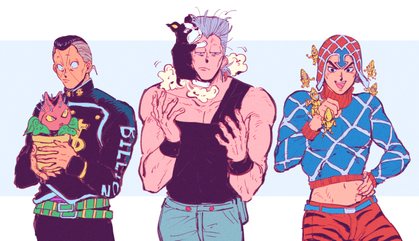 3boys animal_print argyle_clothes argyle_sweater boston_terrier commentary diamond_wa_kudakenai dog flattop guido_mista iggy_(jojo) jean_pierre_polnareff jojo_no_kimyou_na_bouken letterboxed multiple_boys oniyama831 plant potted_plant school_uniform sex_pistols_(stand) stand_(jojo) stardust_crusaders stray_cat_(jojo) sweater terrier_(dog) tiger_print vento_aureo