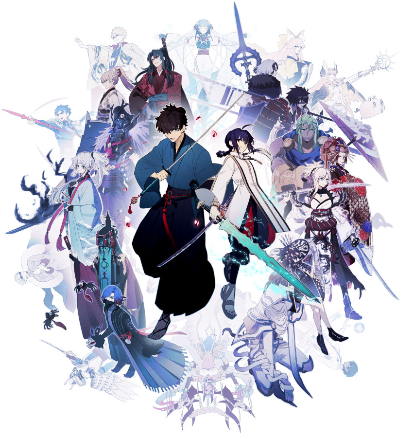 absurdres ahoge animal_ears archer_(fate/samurai_remnant) arjuna_(fate) armor assassin_(fate/samurai_remnant) berserker_(fate/samurai_remnant) braid caster_(fate/samurai_remnant) chiemon_(fate) circe_(fate) cu_chulainn_(fate) cu_chulainn_(fate/stay_night) darkness dorothea_coyett everyone extra_arms fate/samurai_remnant fate_(series) fox_ears full_armor gem gilgamesh_(fate) hakama haori hat helmet highres holding holding_polearm holding_staff holding_sword holding_weapon hood horns ibuki_douji_(fate) ibuki_douji_(ruler)_(fate) japanese_armor japanese_clothes jeanne_d&#039;arc_(fate) jeanne_d&#039;arc_alter_(lancer)_(fate) kabuto_(helmet) katana kimono li_shuwen_(fate) li_shuwen_(old)_(fate) long_hair mask miyamoto_iori_(fate) miyamoto_musashi_(fate) miyamoto_musashi_(woman_of_niten_ichiryuu)_(fate) mouth_mask ninjin_(ne_f_g_o) ototachibana-hime_(fate) over_shoulder pig polearm ponytail rogue_saber_(fate/samurai_remnant) sandals spear staff sunglasses sword takao_dayu_(fate) tamamo_(fate) tamamo_aria_(fate) tsuchimikado_yasuhiro_(fate) ushi_gozen_(fate) ushi_gozen_(rider)_(fate) weapon weapon_over_shoulder wings yamato_takeru_(fate) yui_shousetsu_(fate) zheng_chenggong_(fate)