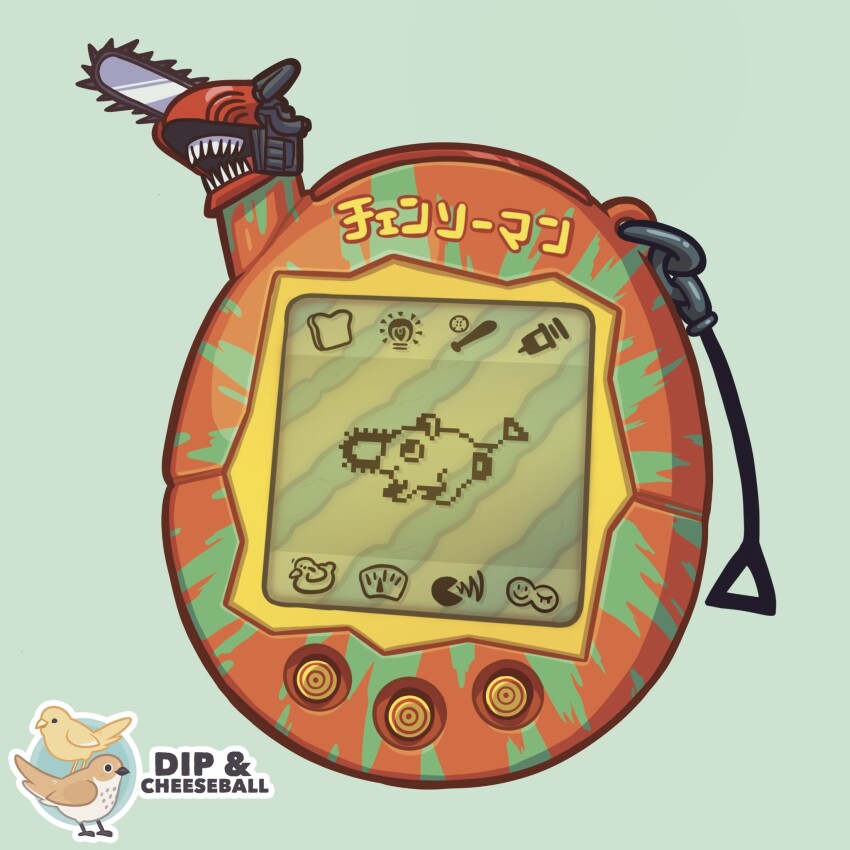 chainsaw chainsaw_man commentary copyright_name crossover english_commentary green_background highres merchandise_available muffinpines no_humans object_focus pochita_(chainsaw_man) radio_antenna simple_background sticker_(medium) still_life tamagotchi tamagotchi_(virtual_pet) tamagotchi_plus toy virtual_pet_(toy)