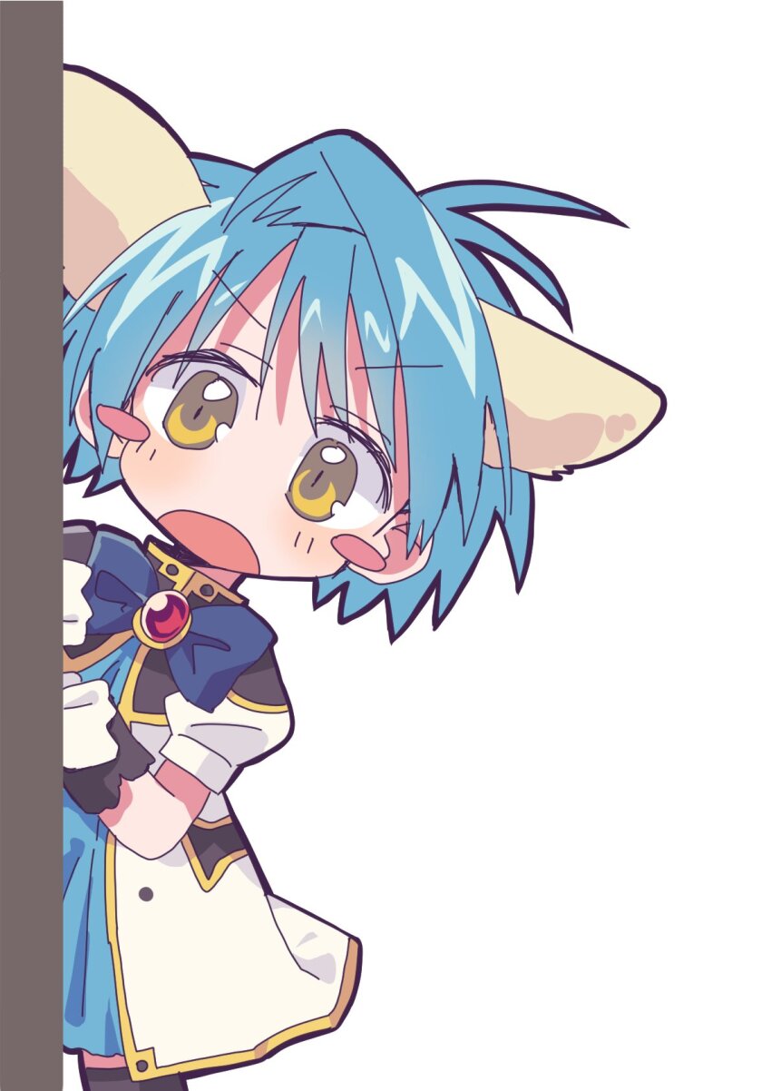 1girl angel_wing_uniform animal_ear_fluff animal_ears black_thighhighs blue_bow blue_bowtie blue_dress blue_hair blush_stickers bow bowtie cosplay dress galaxy_angel gloves highres looking_at_viewer military_uniform mint_blancmanche mint_blancmanche_(cosplay) monocle monocle_chain nm_shirasu open_mouth puffy_short_sleeves puffy_sleeves short_hair short_sleeves solo standing thighhighs white_background white_gloves yellow_eyes