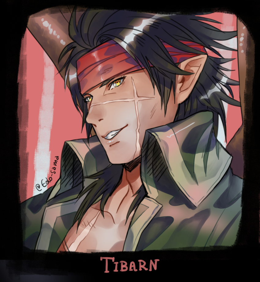 1boy absurdres black_border black_hair border character_name commentary cross_scar edo-sama fire_emblem fire_emblem:_radiant_dawn fire_emblem_heroes headband highres laguz_(fire_emblem) male_focus nintendo pointy_ears portrait scar scar_on_chest scar_on_face solo tibarn_(fire_emblem) twitter_username wings yellow_eyes