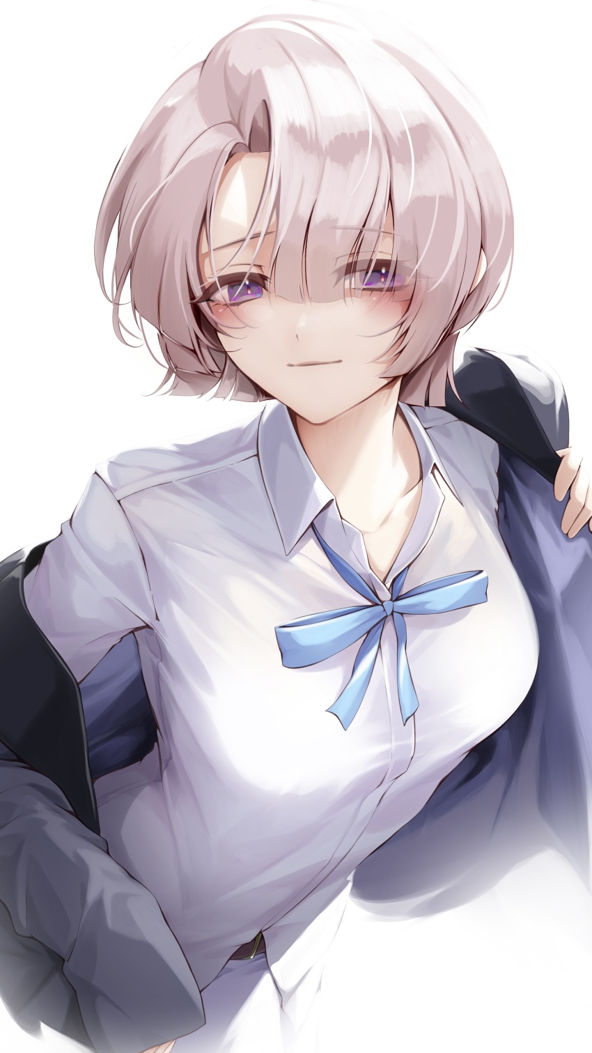 1girl absurdres arimura_mao belt black_belt blue_ribbon blush breasts closed_mouth collarbone commentary_request eyes_visible_through_hair gakuen_idolmaster grey_jacket hair_over_one_eye hatsuboshi_gakuen_school_uniform highres idolmaster jacket looking_at_viewer medium_breasts neck_ribbon open_clothes open_jacket pants pink_hair purple_eyes ribbon school_uniform shirt short_hair simple_background smile solo takagi_mitsukuni upper_body white_background white_pants white_shirt