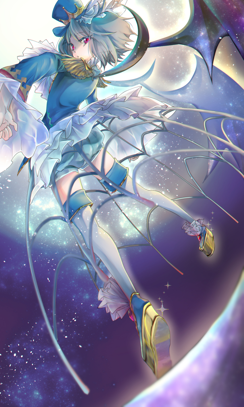 1girl alfheim_no_mamono_tsukai aurora bat_wings bloomers blue_bloomers blue_footwear blue_jacket carmilla_(alfheim_no_mamono_tsukai) commentary_request crown_hat dress epaulettes federica-s floating frilled_dress frills from_behind grey_hair hat high_collar highres jacket long_sleeves looking_back medium_hair moon night parted_lips platform_footwear red_eyes solo sparkle star_(sky) thighhighs top_hat underwear vampire wings