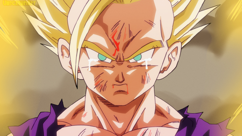 1boy anime_coloring blonde_hair blood blood_on_face child commentary derivative_work dragon_ball dragonball_z english_commentary hatching_(texture) highres muscular muscular_child muscular_male pectorals purple_shirt shirt son_gohan spiked_hair super_saiyan super_saiyan_2 tears twitter_username unscathedart