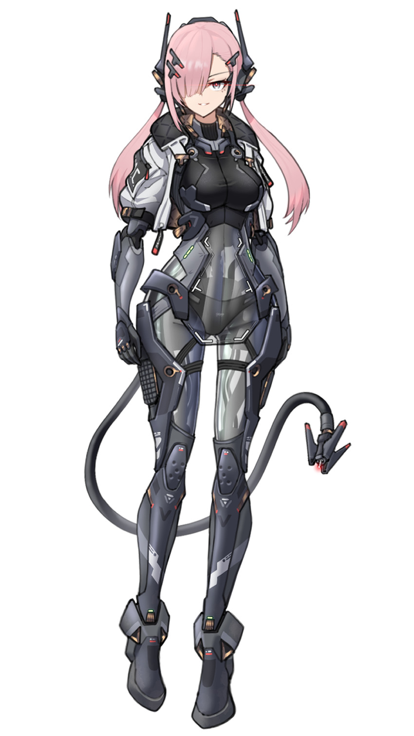1girl chinese_commentary commentary_request cyborg grey_eyes gun hair_over_one_eye highres jacket mask mechanical_arms mechanical_ears mechanical_legs mechanical_spine original pink_hair red_pupils rifle science_fiction see-through_clothes sherman_(egnk2525) solo standing tachi-e tail weapon