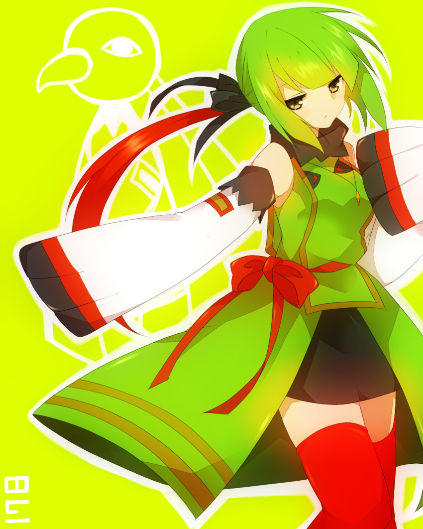 1girl creature_and_personification detached_sleeves expressionless female_focus gen_2_pokemon green_hair highres long_hair multicolored_hair nintendo personification pokedex_number pokemon red_hair red_thighhighs skirt sleeves_past_wrists solo takeshima_eku thighhighs two-tone_hair xatu yellow_eyes zettai_ryouiki