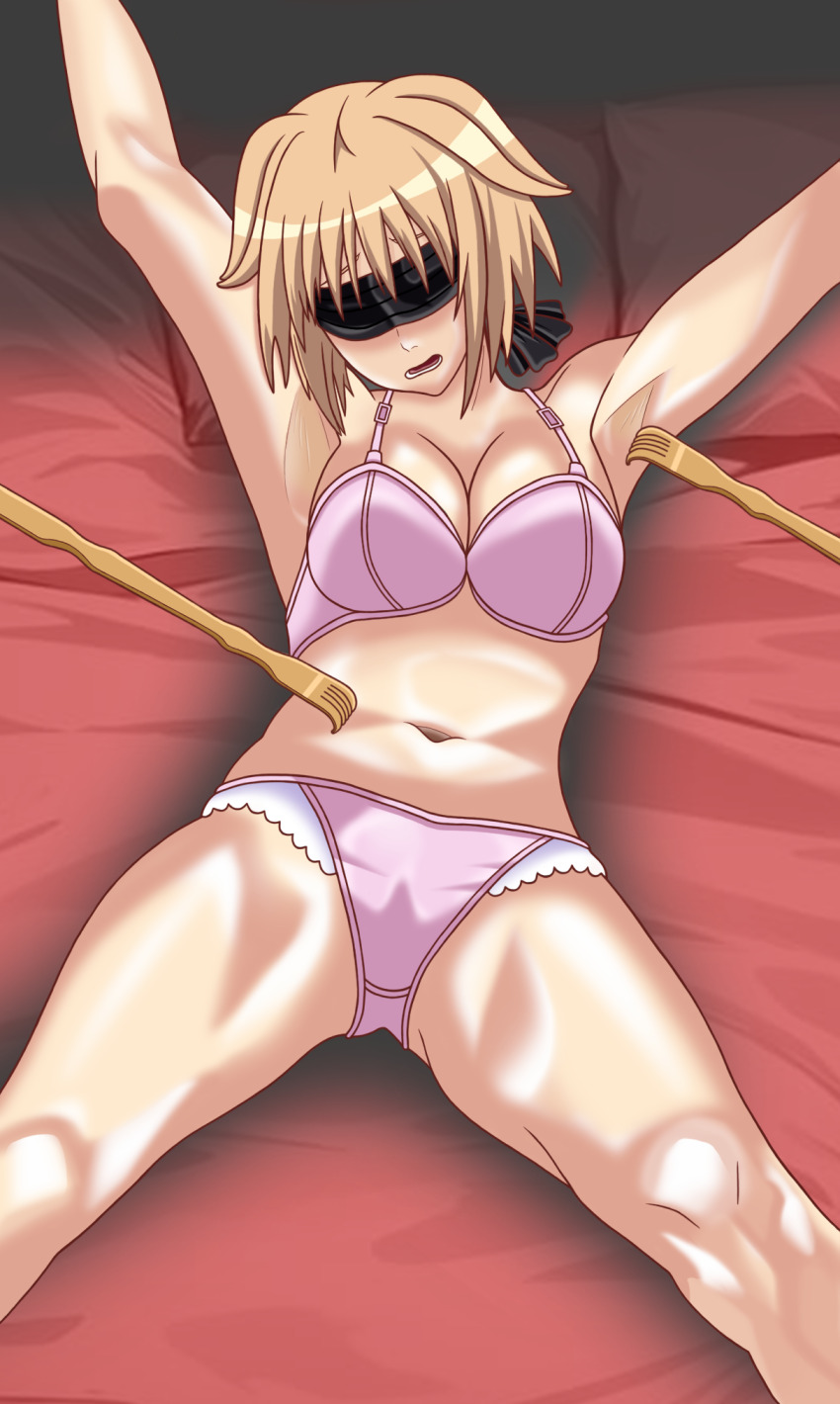 1girl arms_up backscratcher bdsm bikini blindfold blonde_hair bondage bound bound_arms bra female_focus highres lying molestation on_back on_bed panties pillow pink_bikini pink_bra pink_panties poking restrained seikon_no_qwaser solo spread_eagle_position swimsuit teasing teresa_beria tickle_torture tickling tickling_armpits tickling_legs underwear underwear_only