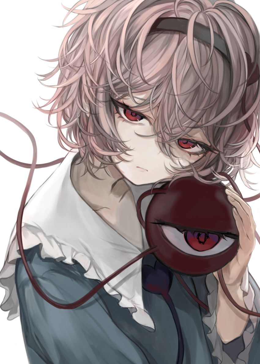 1girl absurdres black_hairband blue_shirt closed_mouth collared_shirt eyeball frilled_shirt_collar frilled_sleeves frills hair_between_eyes hairband hasunokaeru highres komeiji_satori looking_at_viewer pink_hair red_eyes shirt short_hair simple_background solo third_eye touhou upper_body white_background wide_sleeves