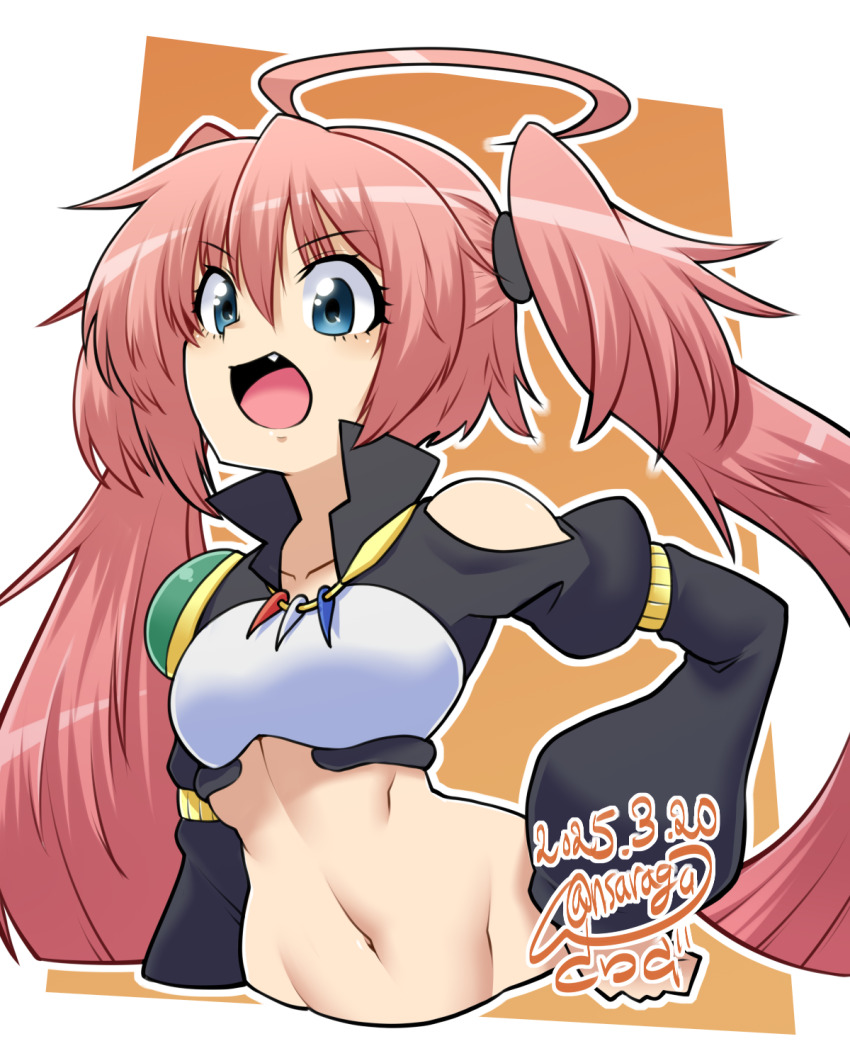 1girl ahoge blue_eyes fang hair_between_eyes highres long_hair milim_nava navel open_mouth pink_hair sakasa_gurasan solo tensei_shitara_slime_datta_ken twintails variant_set