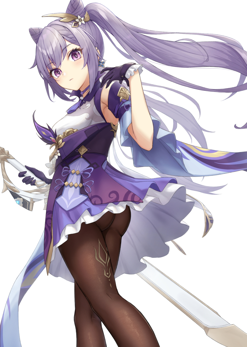 1girl ass bare_shoulders black_pantyhose blush breasts clothes_lift cone_hair_bun dress dress_lift from_behind genshin_impact gloves hair_bun hair_ornament highres keqing_(genshin_impact) long_hair looking_at_viewer medium_breasts nao pantyhose purple_dress purple_eyes purple_hair short_dress skirt solo sword twintails very_long_hair weapon white_background