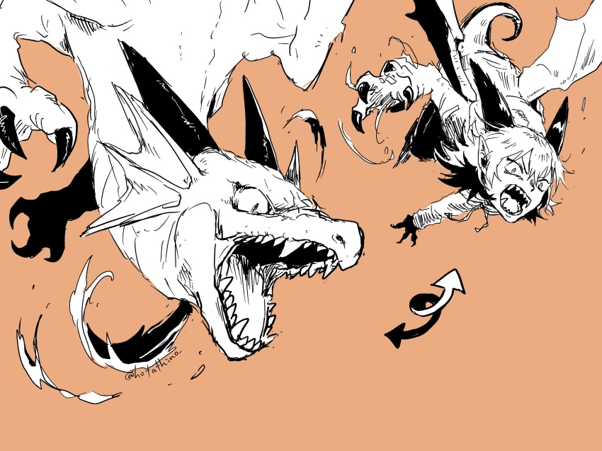 1boy animal_hands claws commentary_request dragon dragon_boy dragon_horns dragon_tail dragon_wings dual_persona greyscale_with_colored_background highres horns hotathino jacket male_focus monster_boy open_mouth orange_background orange_theme original sharp_teeth short_hair simple_background solo tail teeth western_dragon wings