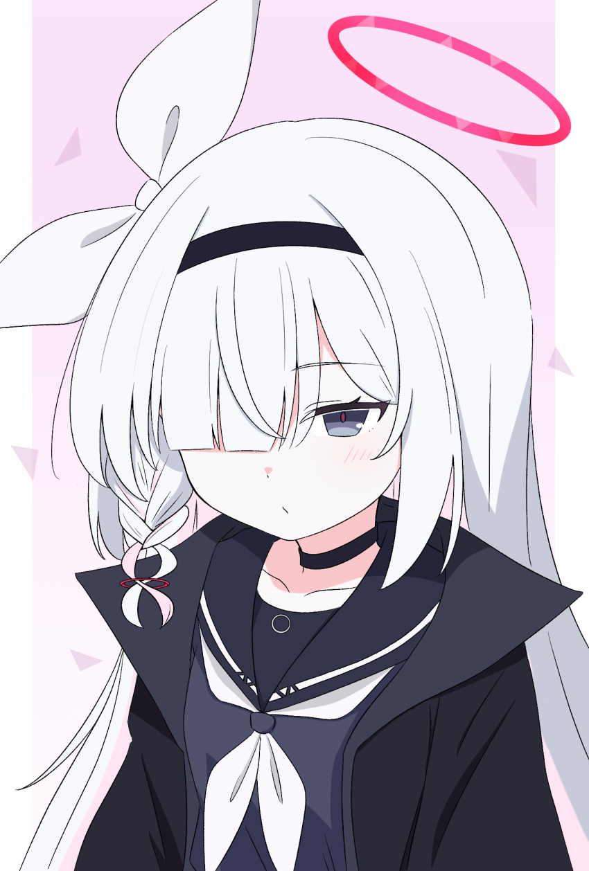 1girl :/ black_choker black_coat black_hairband black_sailor_collar black_shirt blue_archive blunt_bangs blush bow braid choker closed_mouth coat collarbone colored_inner_hair commentary expressionless gradient_background grey_eyes hair_bow hair_ornament hair_over_one_eye hairband halo hayoo_ww highres long_hair multicolored_hair neckerchief open_clothes open_coat outside_border parted_bangs pillarboxed pink_background pink_hair plana_(blue_archive) red_halo red_pupils sailor_collar sailor_shirt school_uniform serafuku shirt simple_background single_braid single_sidelock solo triangle_background two-tone_hair upper_body white_bow white_hair white_neckerchief