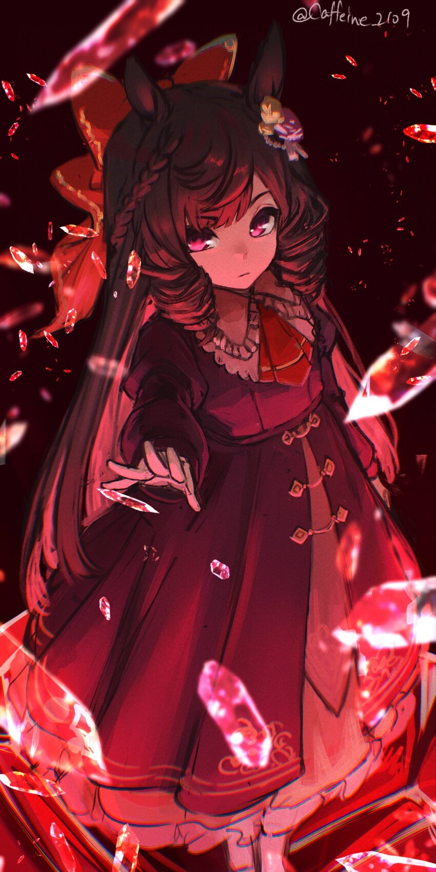 1girl absurdres animal_ears black_hair braid caffeine_2109 closed_mouth commentary_request daiichi_ruby_(umamusume) drill_hair gem glaring gothic_lolita highres horse_ears horse_girl lolita_fashion looking_at_viewer red_eyes simple_background solo standing twitter_username umamusume