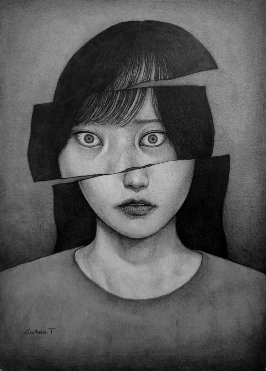 1girl absurdres artist_name asian black_hair greyscale highres long_hair looking_at_viewer monochrome original portrait satou_t signature sliced solo straight-on