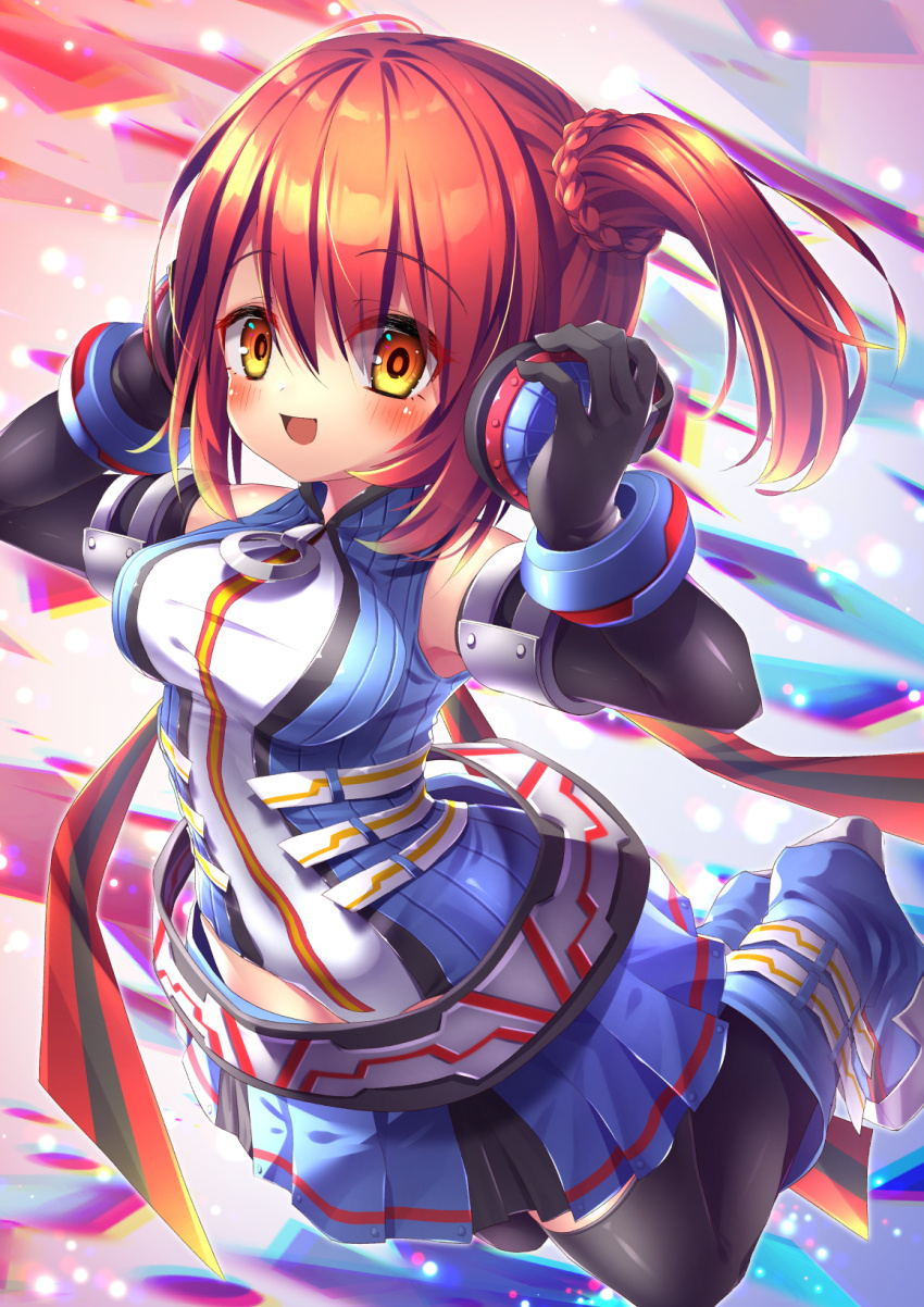 1girl bare_shoulders black_thighhighs blue_boots blue_shirt blue_skirt boots braid breasts detached_sleeves emil_chronicle_online from_side headphones highres holding holding_headphones killer_machine_alma large_breasts mecha_musume red_hair shirt side_ponytail skirt thighhighs yellow_eyes yupi828