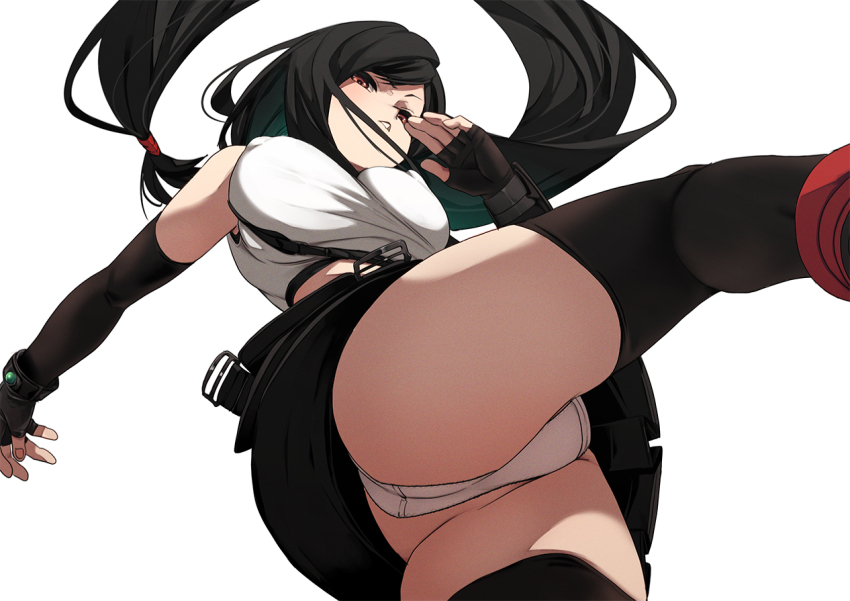 1girl ass bare_shoulders black_gloves black_hair black_skirt breasts crop_top elbow_gloves final_fantasy final_fantasy_vii fingerless_gloves fu-ta gloves large_breasts long_hair miniskirt panties pantyshot red_eyes skirt solo suspender_skirt suspenders tank_top thighhighs thighs tifa_lockhart underwear upskirt white_panties white_tank_top