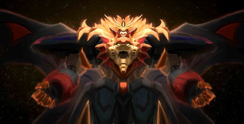 absurdres claws floating_hair genesic_gaogaigar glowing glowing_eyes highres jianchuan long_hair looking_at_viewer mecha mecha_focus mechanical_wings no_humans orange_eyes orange_hair robot science_fiction solo super_robot v-fin wings yellow_eyes yuusha_ou_gaogaigar yuusha_ou_gaogaigar_final yuusha_series