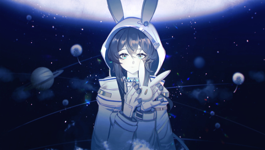 1girl amiya_(arknights) amiya_(guard)_(arknights) amiya_(guard)_(touch_the_stars)_(arknights) animal_ears arknights black_gloves blue_eyes blue_theme brown_hair chinese_commentary closed_mouth coat commentary_request ears_through_hood gloves hair_between_eyes highres holding holding_stuffed_toy hood hood_up hooded_coat light176 long_hair long_sleeves looking_at_viewer official_alternate_costume planet planetary_ring rabbit_ears rabbit_girl smile solo space stuffed_animal stuffed_rabbit stuffed_toy two-tone_gloves upper_body white_coat white_gloves