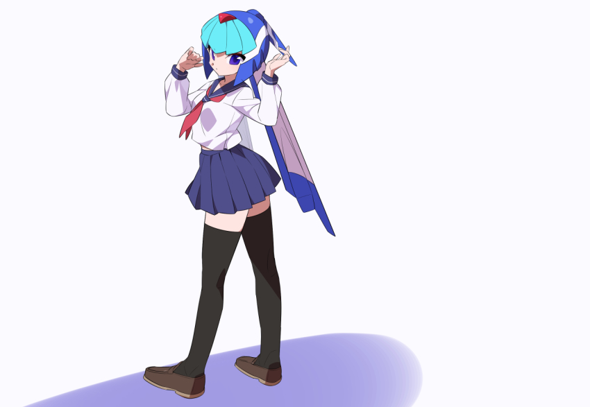1girl alternate_costume black_thighhighs blue_eyes blue_helmet blue_skirt brown_shoes fairy_leviathan_(mega_man) fins from_behind full_body head_fins helmet kaidou_zx looking_at_viewer looking_back mega_man_(series) mega_man_zero_(series) neckerchief pleated_skirt red_neckerchief school_uniform shirt shoes simple_background skirt solo thighhighs white_background white_shirt