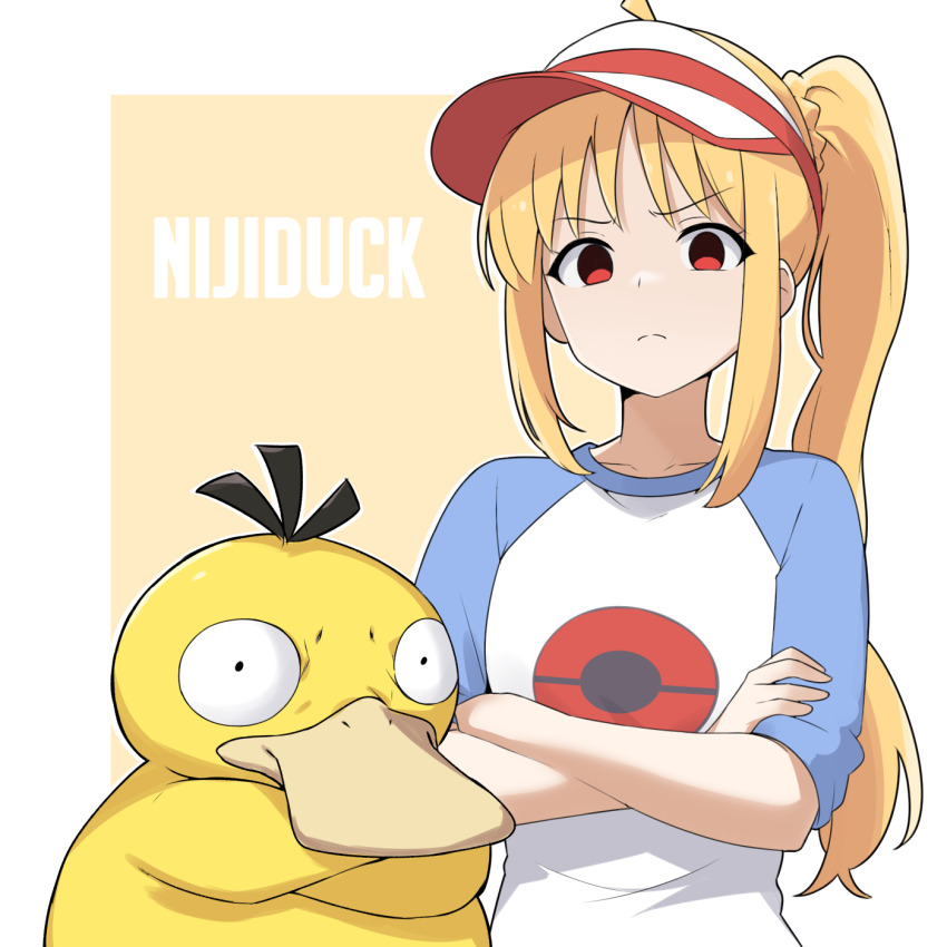 1girl ahoge amogan blonde_hair blue_sleeves bocchi_the_rock! closed_mouth collarbone cosplay crossed_arms frown gen_1_pokemon highres ijichi_nijika long_hair looking_at_viewer nintendo outline pokemon pokemon_(creature) pokemon_bw2 print_shirt psyduck raglan_sleeves red_eyes rosa_(pokemon) rosa_(pokemon)_(cosplay) shirt side_ponytail solo upper_body visor_cap white_outline white_shirt