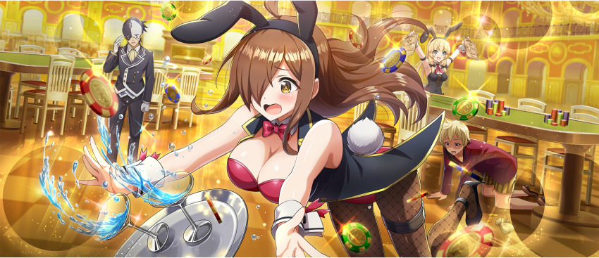 1boy 1other 2girls :d ahoge all_fours animal_ear_hairband animal_ears ankle_garter ascot bare_arms bare_shoulders belt black_belt black_footwear black_hair black_leotard black_pantyhose black_suit blonde_hair blue_eyes bow bowtie breasts brown_eyes brown_hair casino cecily_(konosuba) cleavage clumsy cocktail_glass cup detached_collar drinking_glass dust_(konosuba) fake_animal_ears fake_tail fishnet_pantyhose fishnets formal_clothes furrowed_brow game_cg gloves hair_over_one_eye hairband high_heels highres indoors jacket kono_subarashii_sekai_ni_shukufuku_wo! konosuba!_fantastic_days large_breasts leg_up leotard long_hair low-tied_sidelocks mask multiple_girls neckerchief no_pants official_alternate_costume official_art open_mouth outstretched_arms pantyhose playboy_bunny poker_chip poker_table rabbit_ear_hairband rabbit_ears rabbit_tail red_bow red_bowtie red_jacket red_leotard red_neckerchief short_hair sidelocks skin_tight smile strapless strapless_leotard suit table tail thigh_belt thigh_strap tray tripping vanir vest waistcoat wavy_hair white_gloves white_wrist_cuffs wiz_(konosuba) wrist_cuffs yellow_ascot
