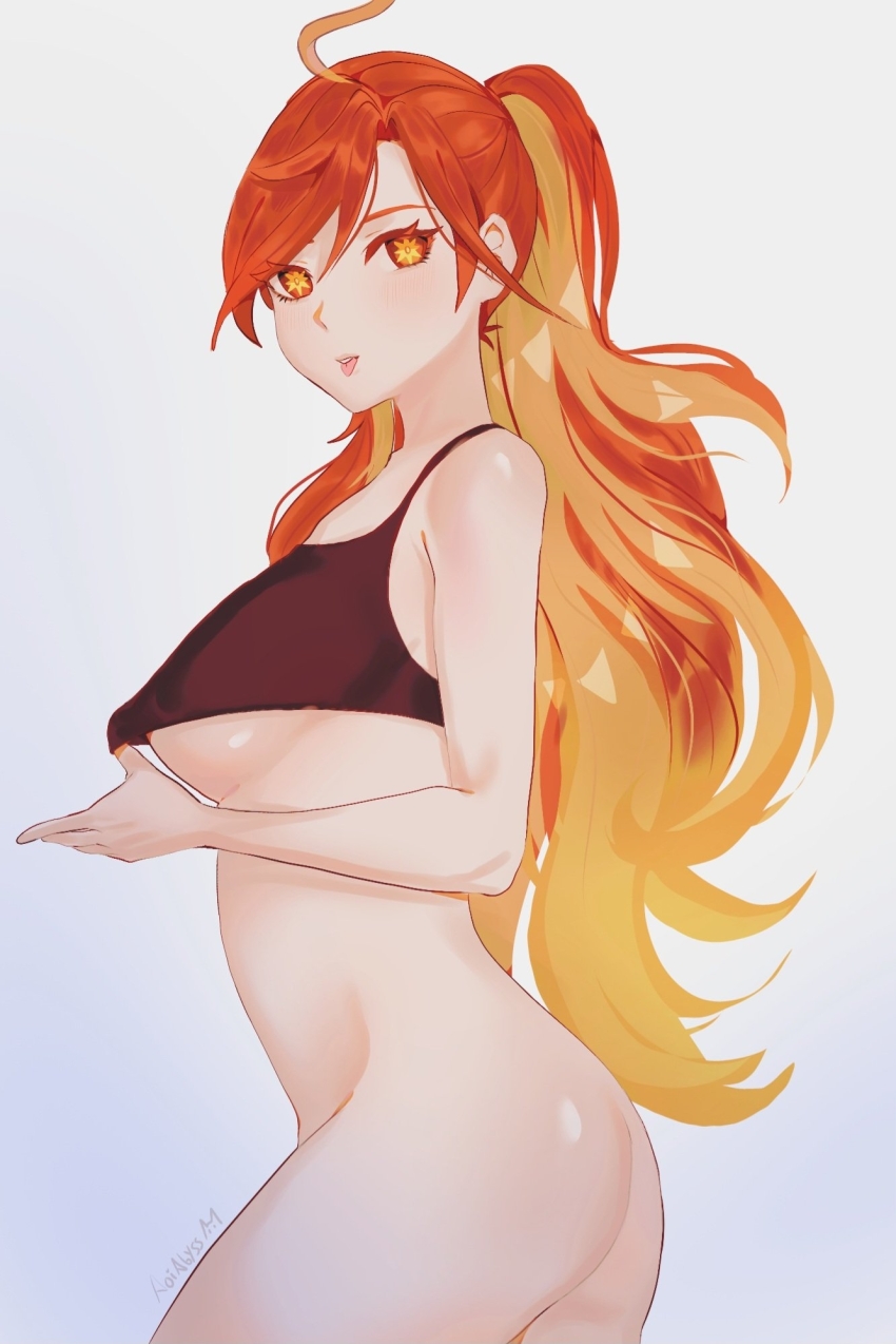 1girl ahoge aoiabyss ass black_tank_top breasts clothes_lift collarbone crop_top genshin_impact high_ponytail highres large_breasts long_hair looking_at_viewer mavuika_(genshin_impact) multicolored_eyes multicolored_hair nipples no_bra no_panties orange_eyes orange_hair ponytail shirt_lift solo standing streaked_hair swept_bangs tank_top thighs tongue tongue_out underboob very_long_hair white_background