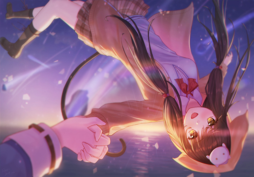 2girls :d animal animal_on_head asakura_karen_(heaven_burns_red) backlighting black_hair blue_jacket bow bowtie brown_skirt cat cat_on_head cat_tail chinese_commentary commentary_request dawn falling female_pov flowingcrescent full_body hair_bobbles hair_ornament happy heaven_burns_red highres hood hood_up hooded_jacket jacket long_hair long_sleeves looking_at_viewer midair miniskirt multiple_girls on_head open_clothes open_jacket open_mouth plaid_clothes plaid_skirt pleated_skirt pov pov_hands red_bow red_bowtie school_uniform skirt sky smile solo_focus sunlight sunset tail toujou_tsukasa upside-down yellow_eyes yuri