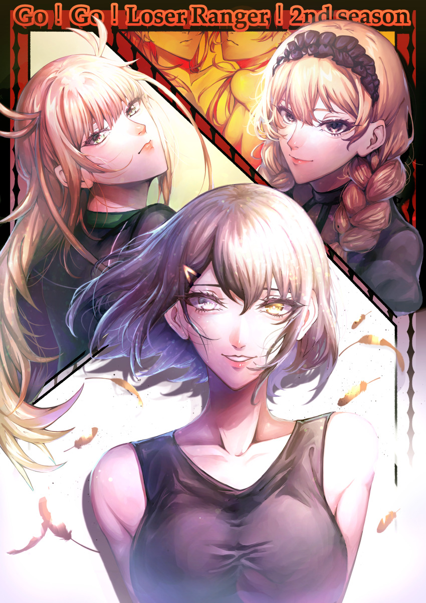 3girls absurdres ahoge bare_shoulders black_dress black_eyes black_headdress black_shorts blonde_hair braided_twintails breasts closed_mouth collarbone dress green_eyes green_shirt hair_ornament hairpin heterochromia highres hisui_kanon large_breasts looking_at_viewer looking_back multiple_girls noakontora open_mouth sentai_daishikkaku serious shirt shorts sleeveless sleeveless_shirt smile suzukiri_yumeko usukubo_angel white_eyes yellow_eyes