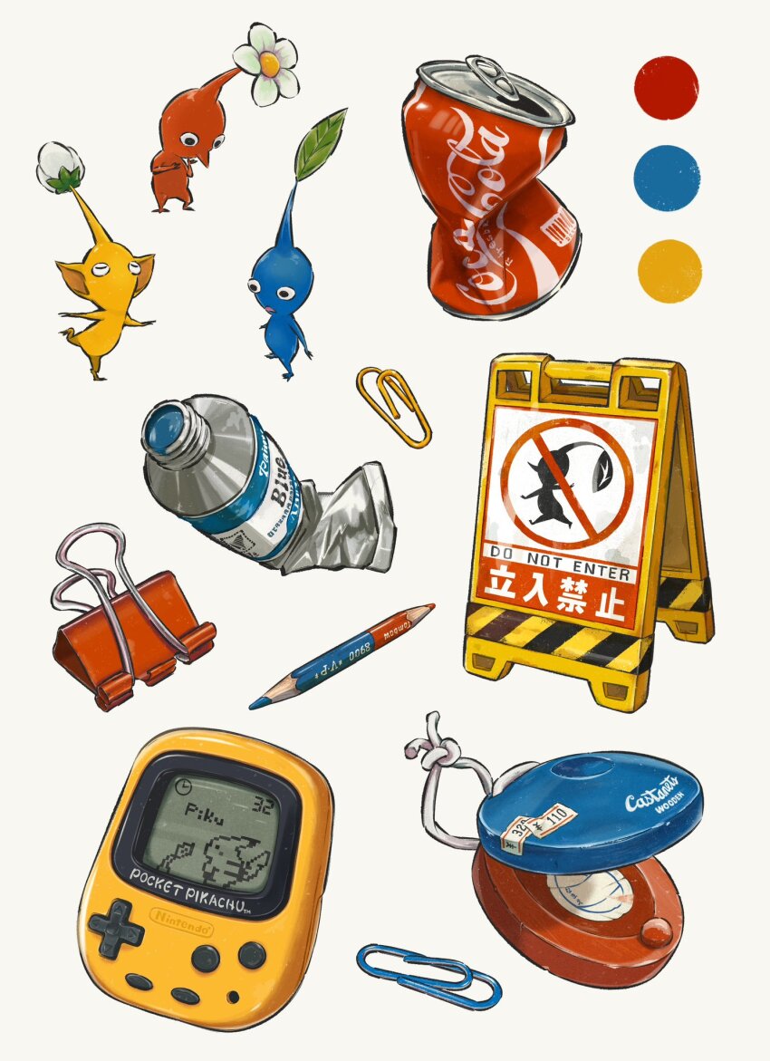 blue_pikmin can cola color_guide commentary_request english_text gen_1_pokemon highres komugicorn nintendo paperclip pencil pikachu pikmin_(creature) pikmin_(series) pocket_pikachu pokemon red_pikmin sign simple_background white_background yellow_pikmin