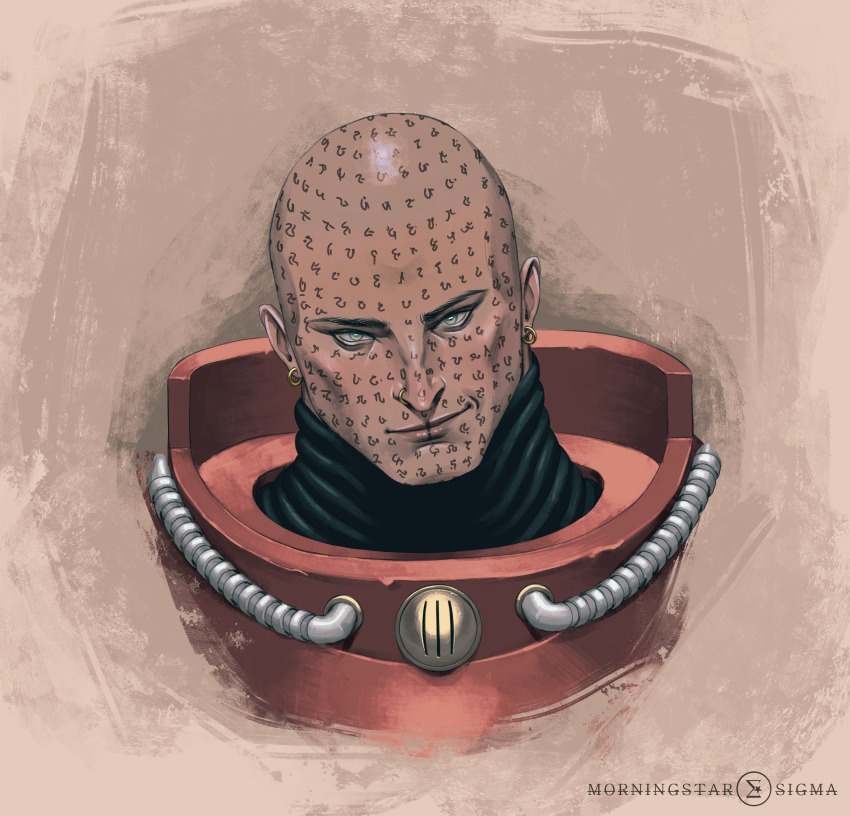1boy absurdres armor artist_logo artist_name bald breastplate chaos_(warhammer) chaplain ear_piercing earrings erebus_(wh40k) face_piercing facial_mark facial_tattoo gorget green_eyes heresy highres hoop_earrings jewelry light_smile logo looking_at_viewer male_focus nose_piercing piercing power_armor red_armor smile solo tattoo tube v_moonstar warhammer_40k word_bearers