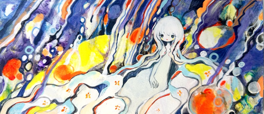1girl abstract_background absurdres colored_skin feet_out_of_frame highres long_hair looking_at_viewer original painting_(medium) si-ku solo traditional_media very_long_hair white_hair white_skin