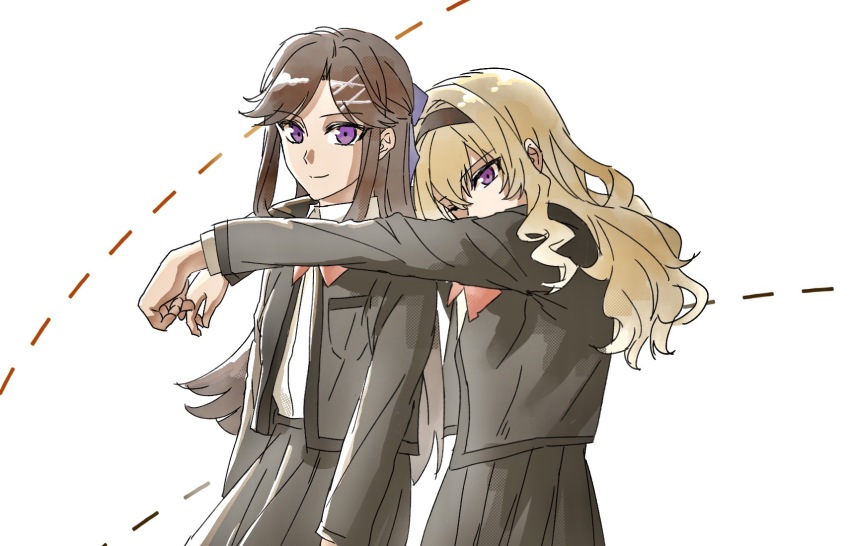 arms_on_another&#039;s_shoulder blonde_hair brown_hair curly_hair hair_ornament hairclip headband highres light_smile looking_at_viewer nirvana_(w688348960) pleated_skirt purple_eyes purple_ribbon red_ribbon ribbon saijou_claudine school_uniform shirt shoujo_kageki_revue_starlight shoujo_kageki_revue_starlight_-re_live- skirt tendou_maya wavy_hair white_background white_shirt