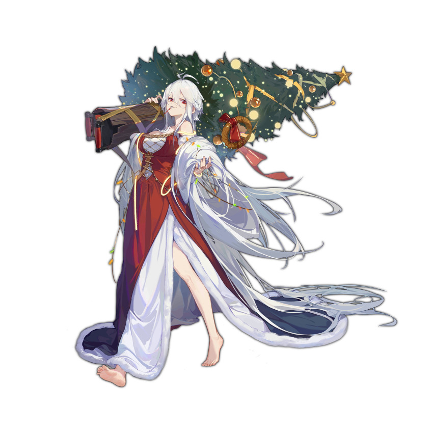 1girl absurdly_long_hair antenna_hair bare_legs barefoot breasts candy candy_cane carrying_over_shoulder christmas christmas_lights christmas_ornaments christmas_star christmas_tree dress feet food food_in_mouth full_body girls&#039;_frontline gun hair_between_eyes hair_spread_out hidden_weapon highres holding_christmas_tree large_breasts long_dress long_hair looking_at_viewer machine_gun maxim_gun official_alternate_costume official_art pm1910_(girls&#039;_frontline) pm1910_(party_in_the_queen&#039;s_tower)_(girls&#039;_frontline) red_dress red_eyes smile soles solo toes transparent_background very_long_hair walking weapon white_hair wreath xiao_qiang_sang