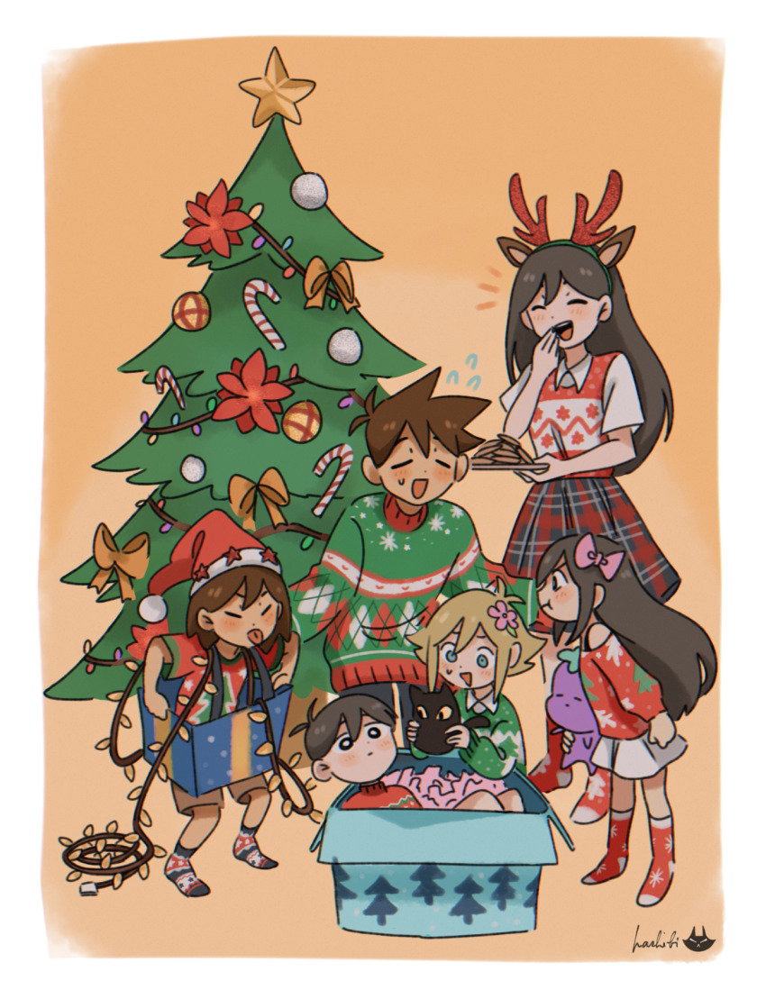 2girls 4boys alternate_costume antenna_hair aubrey_(faraway)_(omori) aubrey_(omori) basil_(faraway)_(omori) basil_(omori) black_hair blonde_hair blue_eyes bow box brother_and_sister brothers brown_hair brown_shorts candy candy_cane cat christmas christmas_lights christmas_sweater christmas_tree closed_eyes closed_mouth collared_shirt cookie dark-skinned_male dark_skin flower food gift gift_box hair_bow hair_flower hair_ornament hashibi_(noyasakihashibi) hat hero_(faraway)_(omori) hero_(omori) highres holding holding_plate holding_stuffed_toy kel_(faraway)_(omori) kel_(omori) long_hair long_sleeves mari_(faraway)_(omori) mari_(omori) mewo mr._plantegg_(omori) multiple_boys multiple_girls omori open_mouth pink_bow plate pout red_hat red_socks red_sweater santa_hat shirt short_hair short_sleeves shorts siblings sitting skirt socks stuffed_eggplant stuffed_toy sunny_(omori) sweater teeth tongue tongue_out upper_teeth_only white_shirt white_skirt