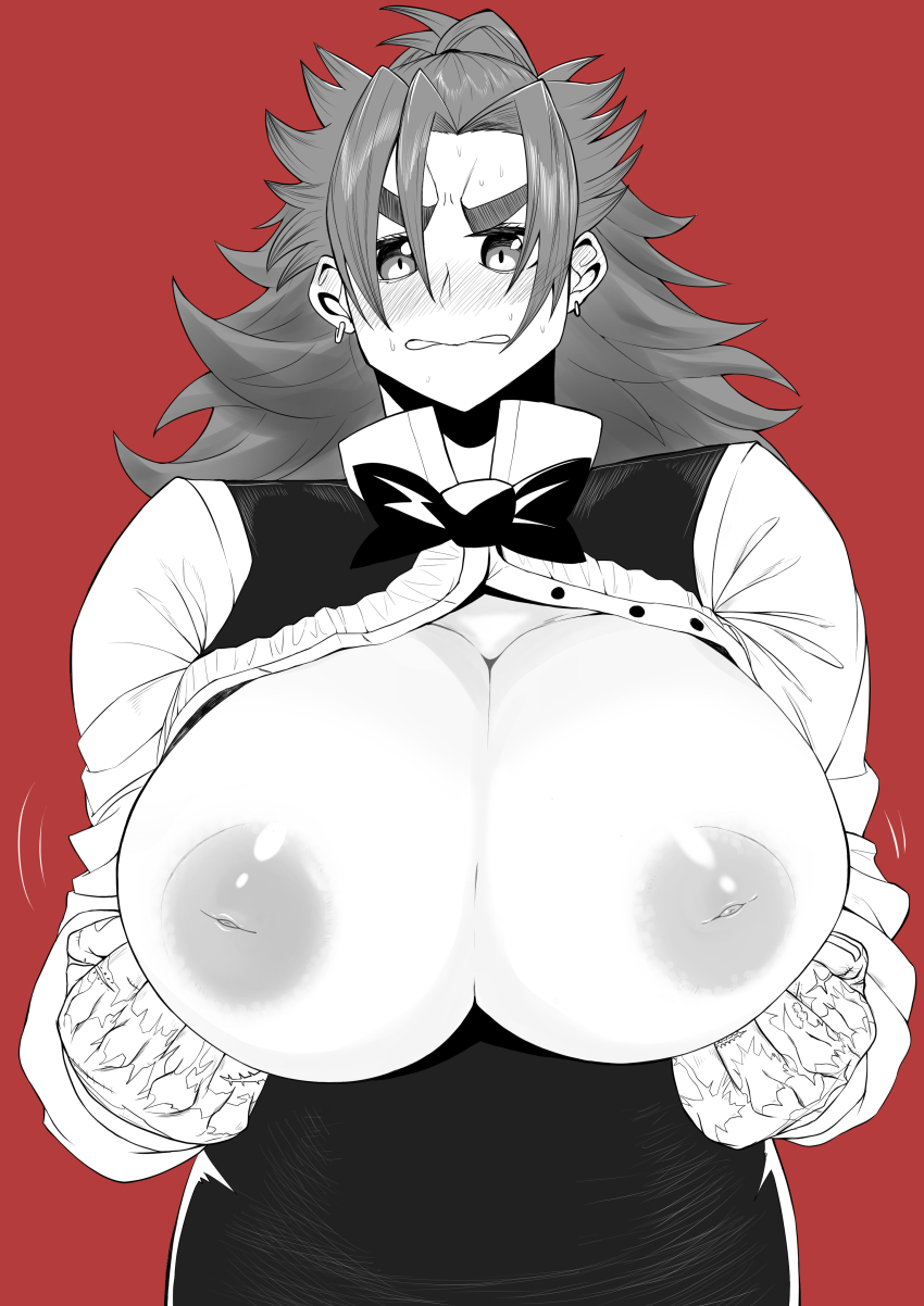 1girl absurdres black_vest blush bow bowtie breasts breasts_out butler clenched_teeth collared_shirt earrings embarrassed eyebrows hair_between_eyes highres huge_breasts inverted_nipples jewelry large_areolae long_hair looking_at_viewer messy_hair monochrome murcielago muscular muscular_female no_bra presenting red_background sabiura_ran scar scar_on_hand shirt simple_background solo standing sweatdrop teeth upper_body vest white_shirt yaguchiyuki