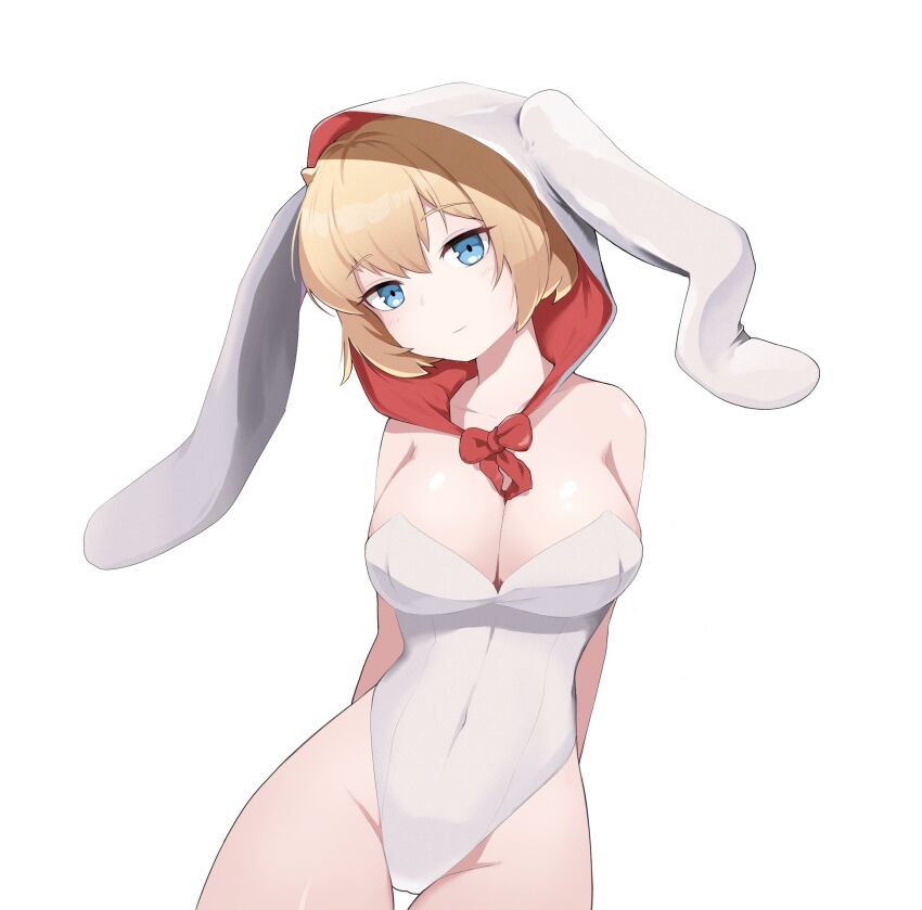 1girl alternate_breast_size animal_ear_hood animal_ears blonde_hair blue_eyes breasts brown_dust_(series) brown_dust_2 cleavage closed_mouth covered_navel fake_animal_ears groin hair_between_eyes highres hood justia_(brown_dust) justia_(kendo_club)_(brown_dust) large_breasts leotard looking_at_viewer playboy_bunny short_hair simple_background solo sombang thigh_gap white_background white_hood