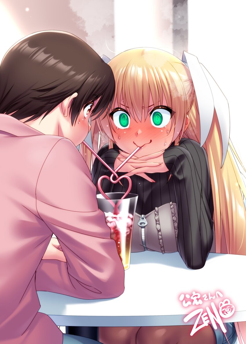 1boy 1girl @_@ absurdres alternate_costume black_sweater blonde_hair blush brown_eyes brown_hair brown_pantyhose casual closed_mouth commentary_request commission cowboy_shot dating denim denim_shorts drinking_straw drinking_straw_in_mouth elbows_on_table embarrassed eye_contact eyes_visible_through_hair fingernails full-face_blush green_eyes hair_between_eyes hair_ribbon hands_up heart hetero highres interlocked_fingers jacket little_busters! long_hair looking_at_another naoe_riki nervous_smile nervous_sweating nose_blush own_hands_together pantyhose pink_jacket ribbed_sweater ribbon second-party_source shared_drink short_hair shorts signature sitting skeb_commission sleeves_past_wrists smile steaming_body straight_hair sweat sweater tokido_saya two_side_up v-shaped_eyebrows very_long_hair wavy_mouth white_ribbon wide-eyed zen_(kamuro) zipper