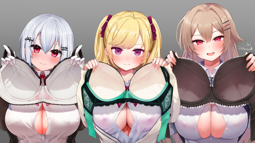 3girls ahoge artist_logo black_bra blonde_hair blue_sweater_vest bow bowtie bra breasts brown_cardigan brown_hair cardigan cleavage closed_mouth clothes_lift collared_shirt commentary_request covered_erect_nipples dot_nose double-parted_bangs dress_shirt festa11307070 fingernails furen_e_lustario gloves gradient_background green_bra grey_background grey_hair hair_between_eyes hair_intakes hair_ornament hair_ribbon hairclip hakase_fuyuki hands_up holding holding_unworn_clothes index_fingers_raised large_breasts logo long_bangs long_hair multiple_girls neck_ribbon nijisanji no_bra open_cardigan open_clothes open_mouth partially_unbuttoned presenting_bra purple_eyes red_bow red_bowtie red_eyes red_ribbon ribbon shirt sleeves_past_wrists smile sweater_vest sweater_vest_lift takamiya_rion trinity_(nijisanji) two_side_up underwear unworn_bra upper_body variant_set virtual_youtuber white_gloves white_shirt wing_collar