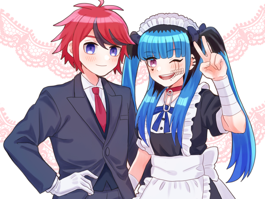 1boy 1girl alternate_hairstyle amemiya_darumi apron bandaged_wrist bandages black_bow black_hair black_suit blue_eyes blue_hair blush bow ear_piercing face_piercing gloves heart lip_piercing looking_at_viewer maid_apron maid_headdress multicolored_hair one_eye_closed peace_symbol piercing pink_eyes red_hair safety_pin suit sumino_takumi the_hundred_line_-last_defense_academy- twintails upper_body white_background white_gloves