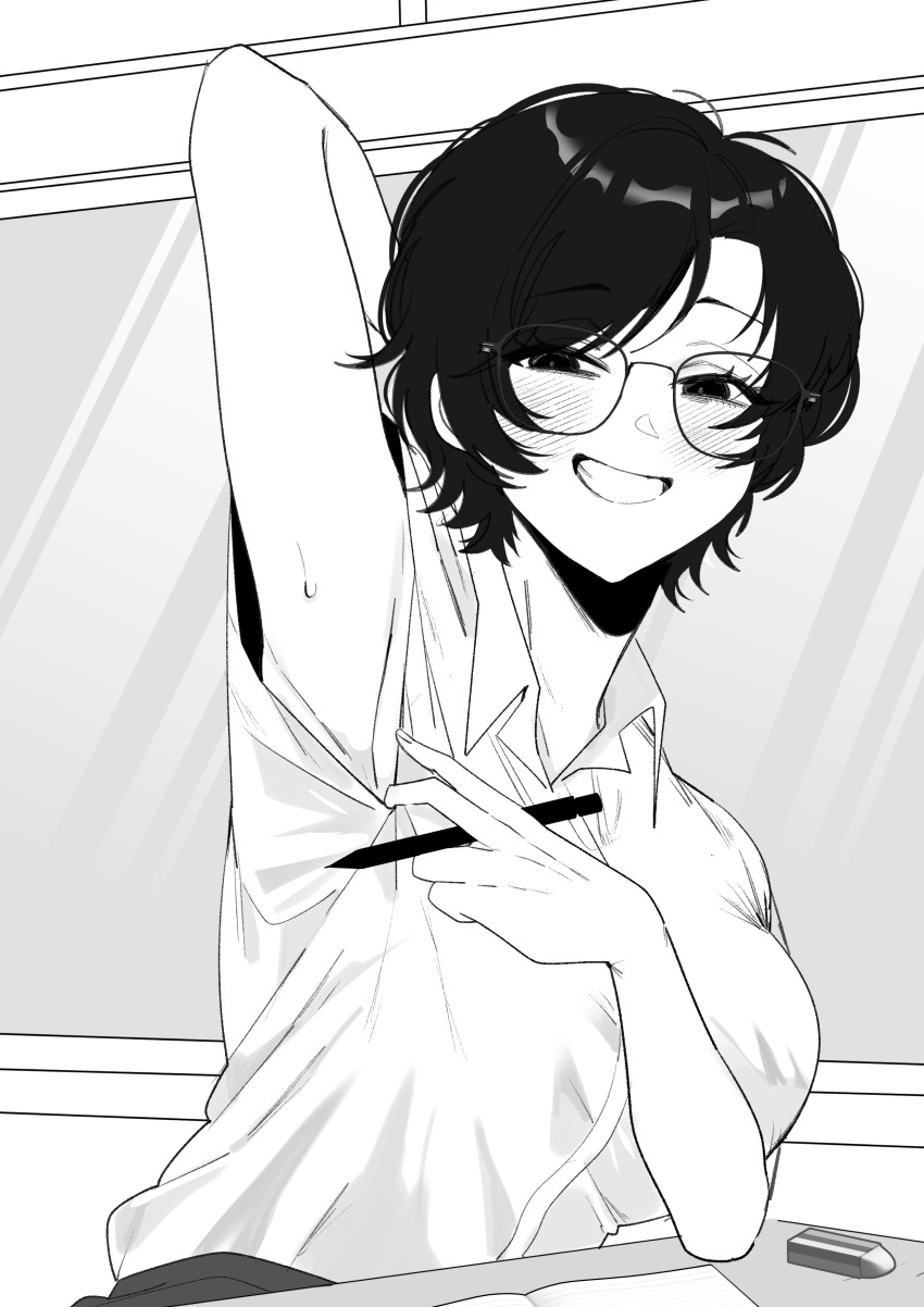 1girl absurdres arm_up armpit_focus armpits blush breasts chiharunosekai1 collared_shirt commentary_request desk dress_shirt eraser glasses highres leaning leaning_on_table looking_at_viewer medium_breasts monochrome notebook notice_lines original pen presenting_armpit school_desk shirt short_hair short_sleeves smile solo sweat