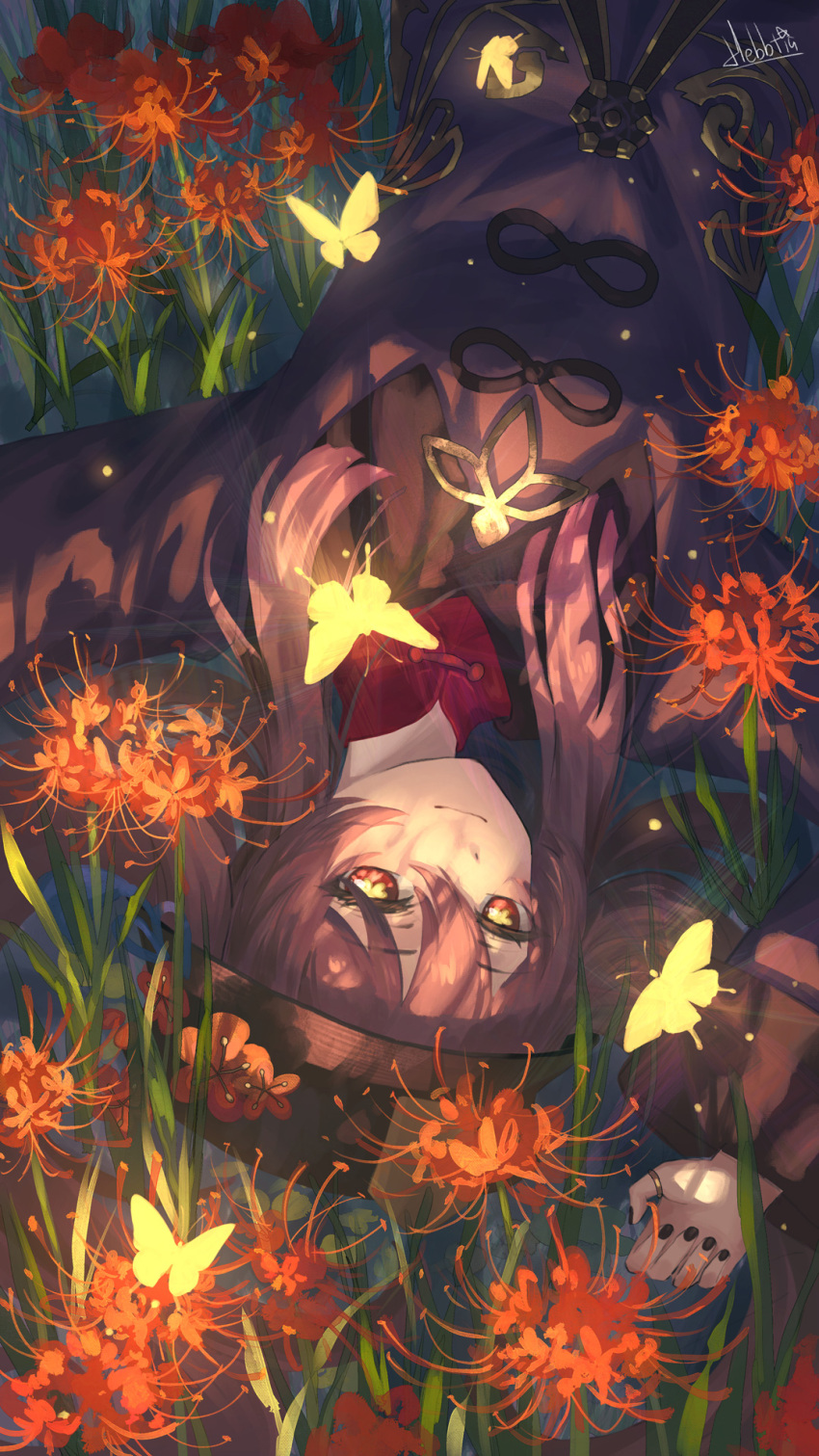 black_nails brown_hair bug butterfly chinese_clothes collared_coat commentary field flower flower-shaped_pupils flower_field genshin_impact hair_between_eyes hat hat_flower hebbtia highres hu_tao_(genshin_impact) insect jewelry lying on_back porkpie_hat red_eyes ring signature spider_lily symbol-shaped_pupils thumb_ring twintails upper_body yellow_butterfly