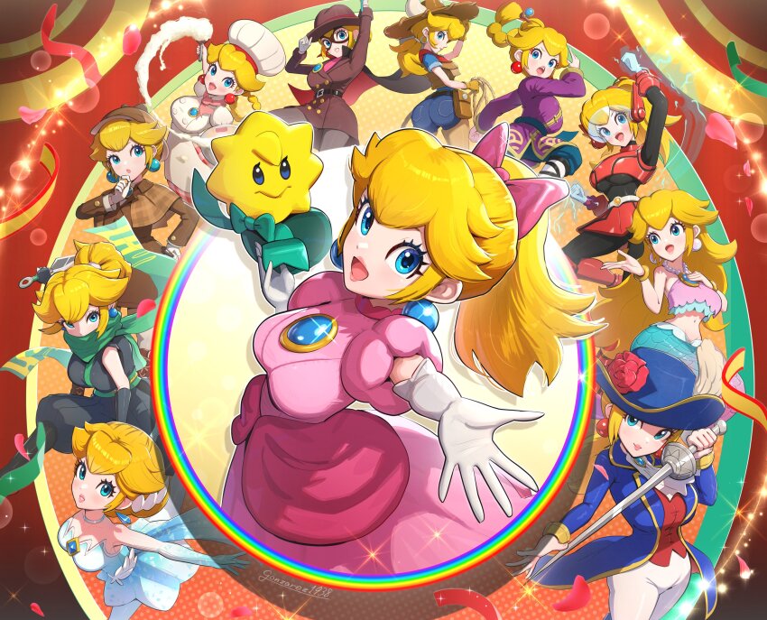 1girl absurdres ass blonde_hair blue_eyes blue_hat blue_jacket breasts brooch brown_hat chef_hat commentary_request cowgirl_peach dashing_thief_peach denim denim_shorts detective detective_peach dress earrings eye_mask figure_skater_peach flower gloves gonzarez green_scarf hand_on_own_chin hat hat_flower highres holding holding_sword holding_weapon jacket jewelry kunai kung_fu_peach large_breasts leggings mario_(series) mermaid_peach mighty_peach multiple_views ninja_peach nintendo official_alternate_costume pants patissiere_peach pink_dress pink_lips ponytail princess_peach princess_peach:_showtime! purple_dress rapier red_flower red_rose red_shirt rose scarf shirt short_shorts shorts stella_(peach) strapless strapless_dress sword swordfighter_peach weapon white_dress white_gloves white_hat white_pants