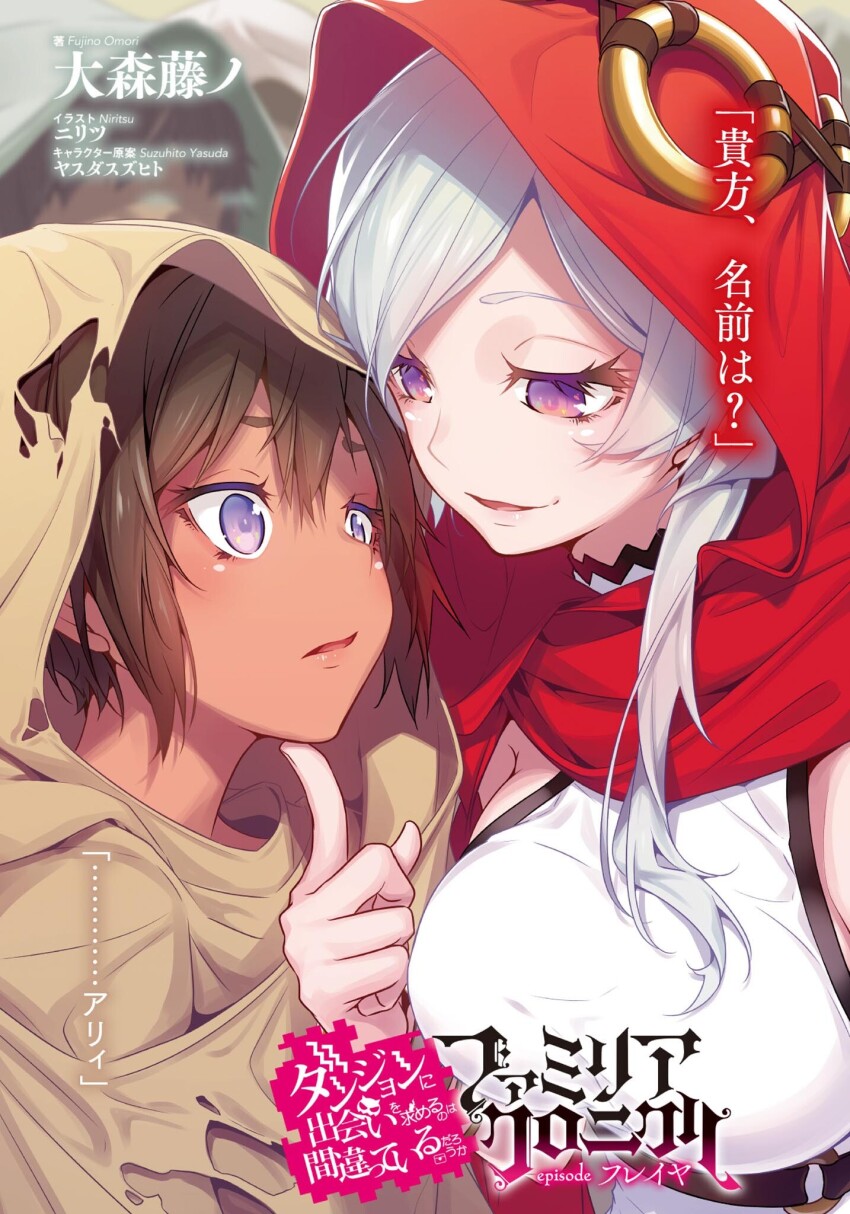 2girls ali_(danmachi) breasts brown_cloak brown_hair cloak dark-skinned_female dark_skin dungeon_ni_deai_wo_motomeru_no_wa_machigatteiru_darou_ka freya_(danmachi) grey_hair hand_on_another&#039;s_chin highres hood hood_up hooded_cloak looking_at_another medium_breasts multiple_girls nilitsu novel_illustration official_art parted_lips purple_eyes short_hair smile third-party_source torn_cloak torn_clothes yuri