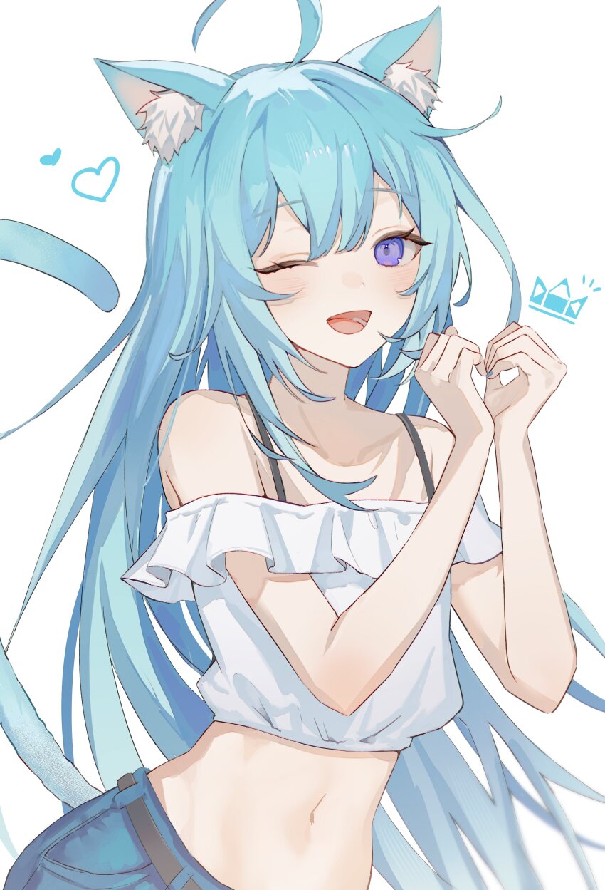 1girl absurdres ahoge animal_ear_fluff animal_ears bare_shoulders blue_hair cat_ears cat_girl cat_tail crop_top cropped_shirt hashtag-only_commentary heart heart_hands highres long_hair looking_at_viewer midriff navel off-shoulder_shirt off_shoulder one_eye_closed open_mouth original purple_eyes shirt smile solo tail unacha upper_body white_background white_shirt