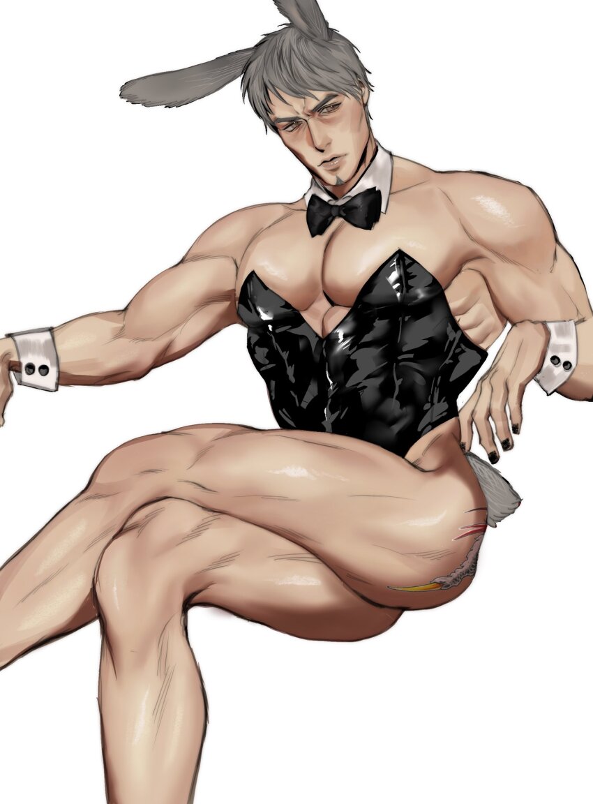 1boy animal_ears black_leotard bow bowtie brown_eyes detached_collar facial_hair goatee grey_hair highleg highleg_leotard highres kiryu_kazuma leotard male_focus pectorals playboy_bunny rabbit_ears rabbit_tail ryuu_ga_gotoku_(series) solo sotenborinpc strapless strapless_leotard tail traditional_bowtie white_wrist_cuffs wrist_cuffs